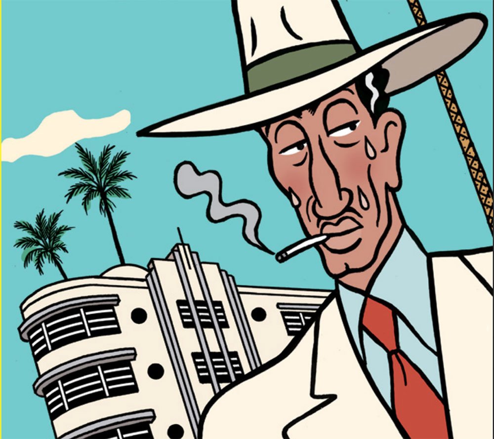 Frank Momo, el acalorado detective cubano, vistiendo su traje de policial negro cincuentoso. 