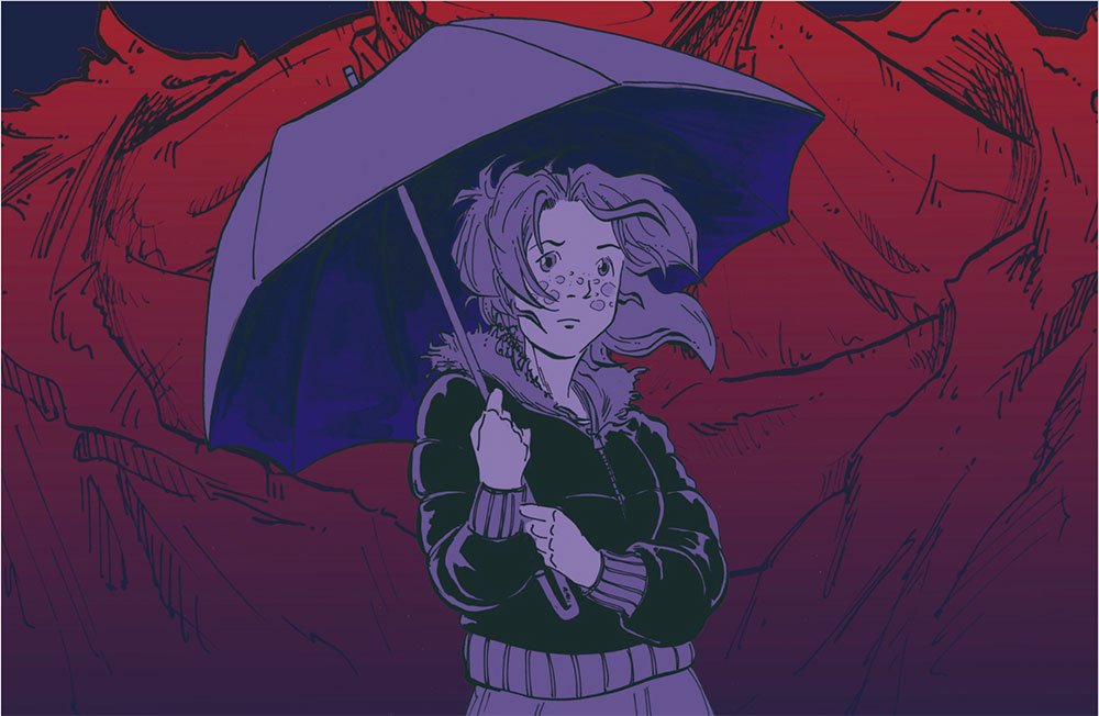 Malena, la protagonista de El Efecto Malena, cargando un paraguas y mirando al vacío. 