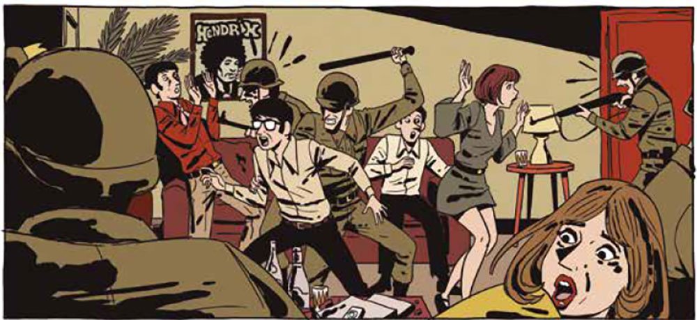 Fuerzas represivas entrando en la casa de unos estudiantes en "La rebelión" de Ian Debiase. 