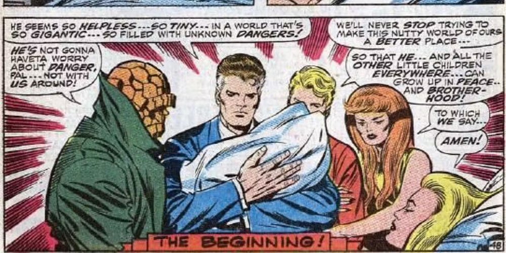 El nacimiento de Franklin Richards en los cómics clásicos de Los 4 Fantásticos a fines de la década del sesenta. 