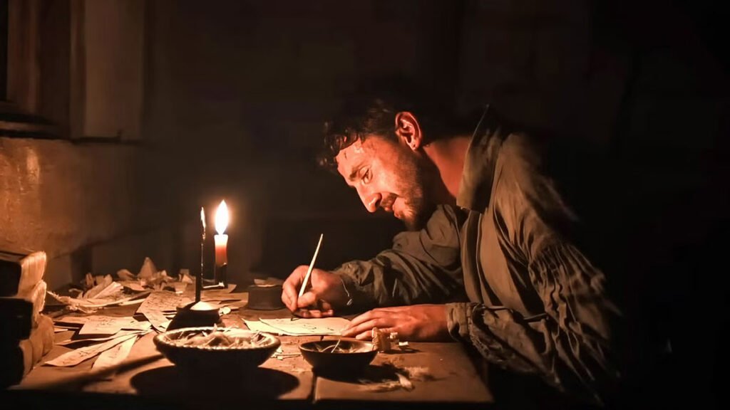 Paul Mescal como William Shakespeare a la luz de las velas en Hamnet (2025).