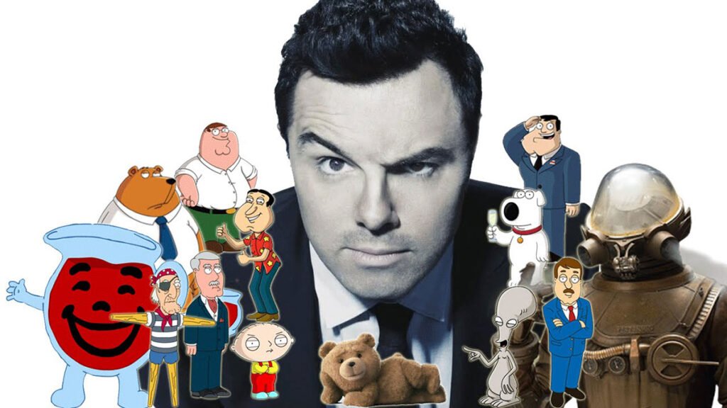 Seth Macfarlane y sus personajes. Portada del episodio dedicado a a Seth Macfarlane dentro de la serie Animated Atrocities de John Enter.